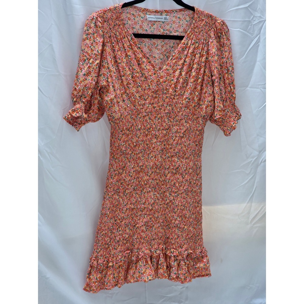 Faithfull the Brand Floral Smocked Mini Dress Orange Pink V-Neck Puff Sleeve XS